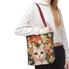 White Cat with Flowers Tote Bag with Cotton Handles For Everyday Use, 3 Sizes