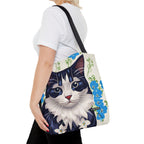 Cat and Blue Flowers, Tote Bag with Cotton Handles