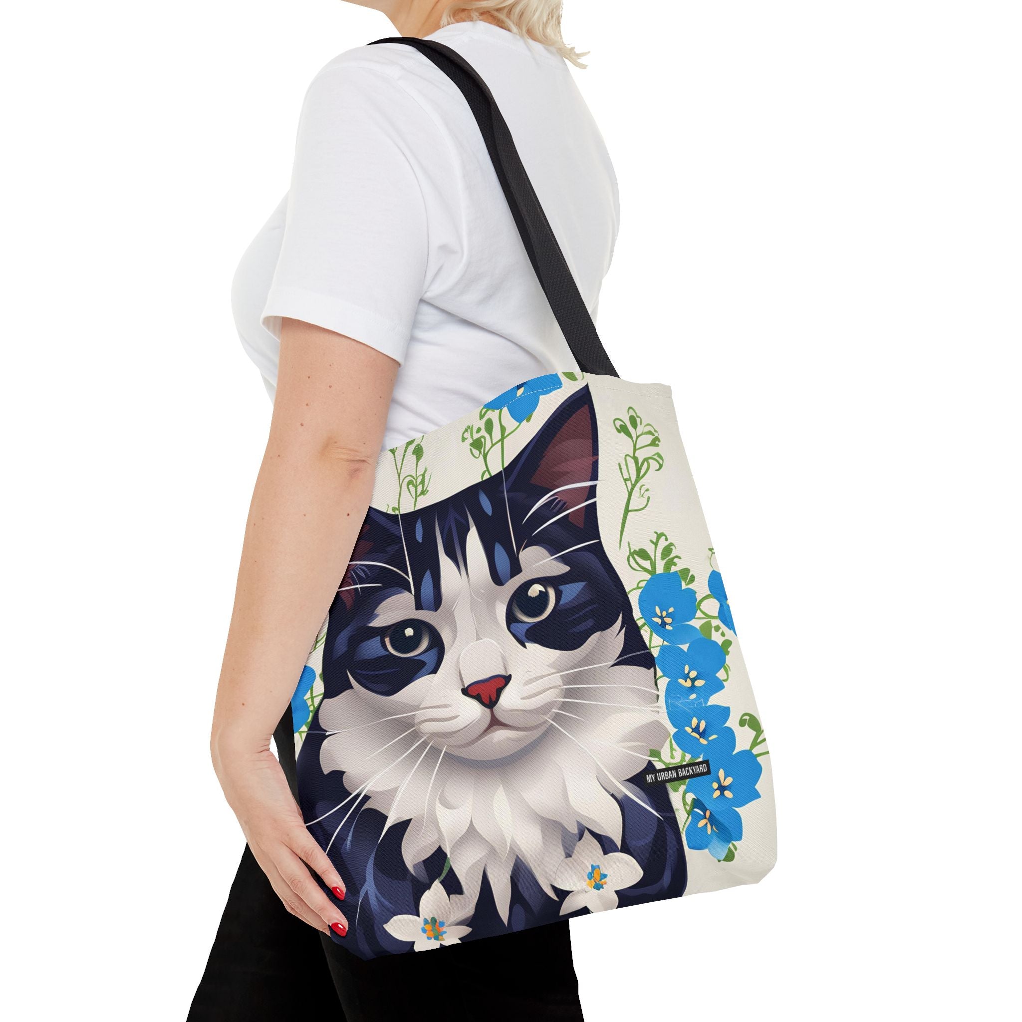 Cat and Blue Flowers, Tote Bag with Cotton Handles