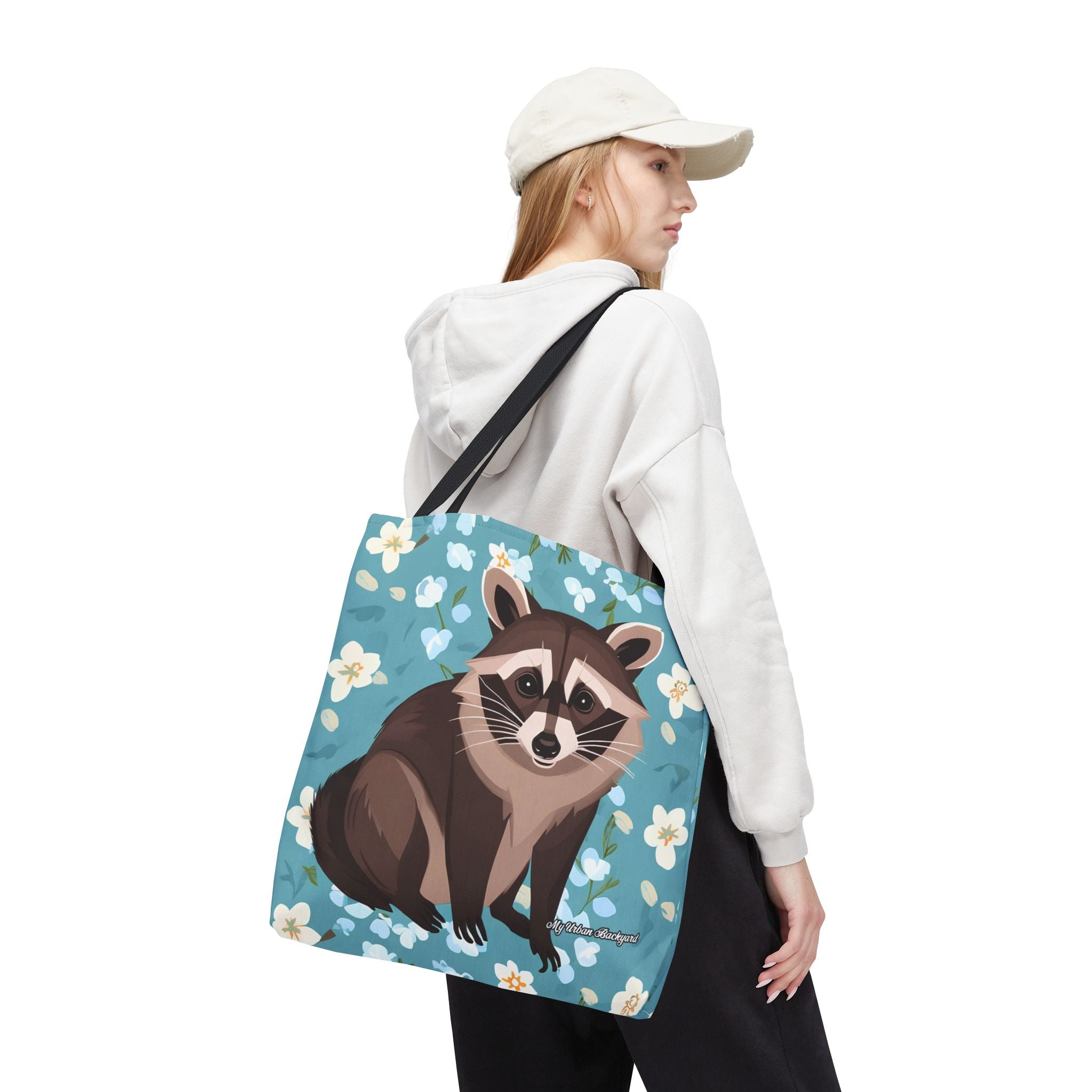 Young Raccoon w Flowers Tote Bag with Cotton Handles For Everyday Use, 3 Sizes