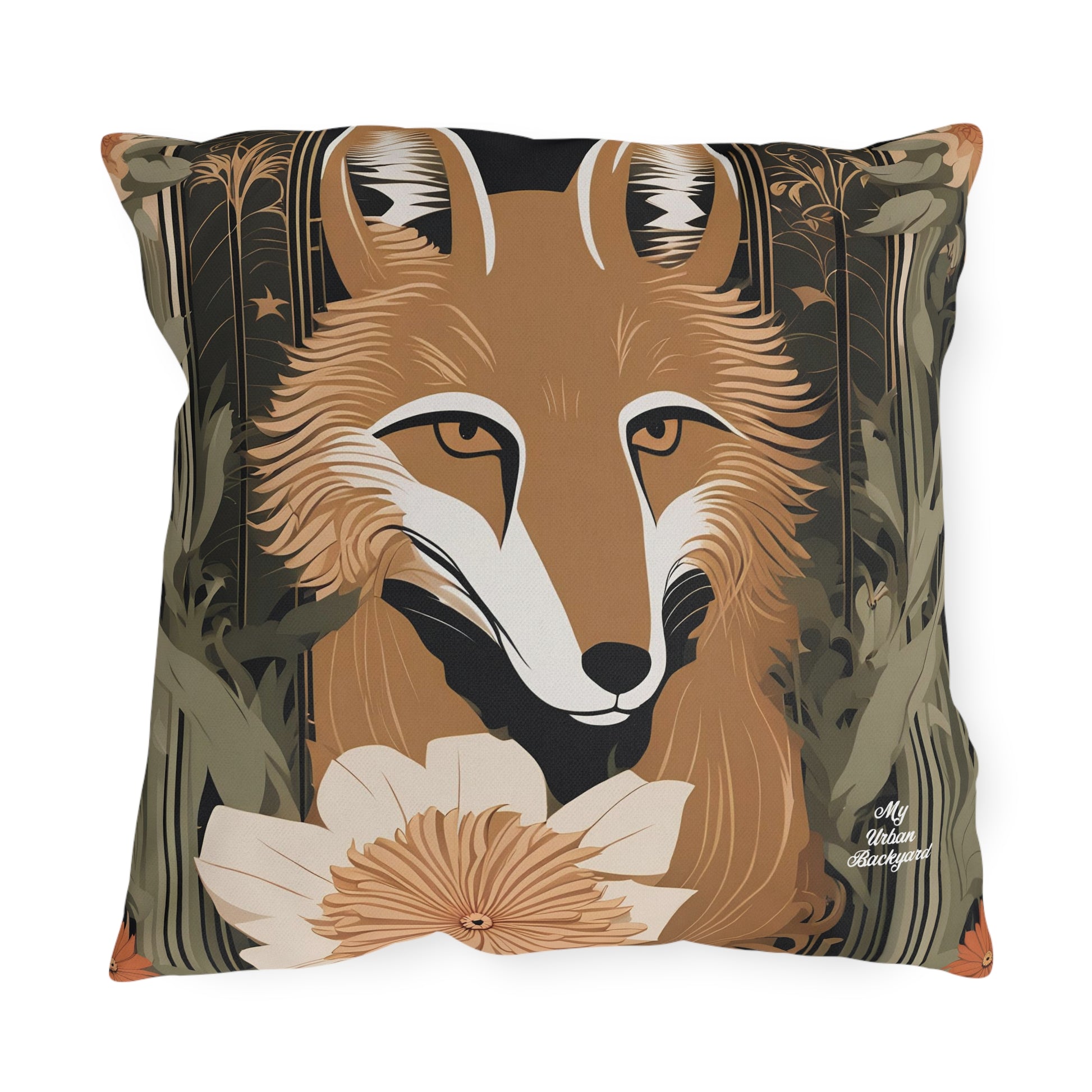 Art Deco Coyote w Flower, Sable accent color, Throw Pillow, Indoor/Outdoor Decor for Home or Office