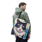 Cat and Blue Flowers, Tote Bag with Cotton Handles