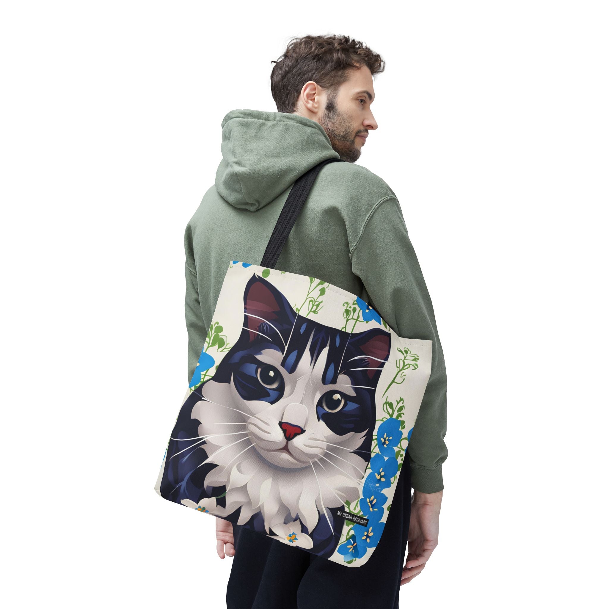 Cat and Blue Flowers, Tote Bag with Cotton Handles