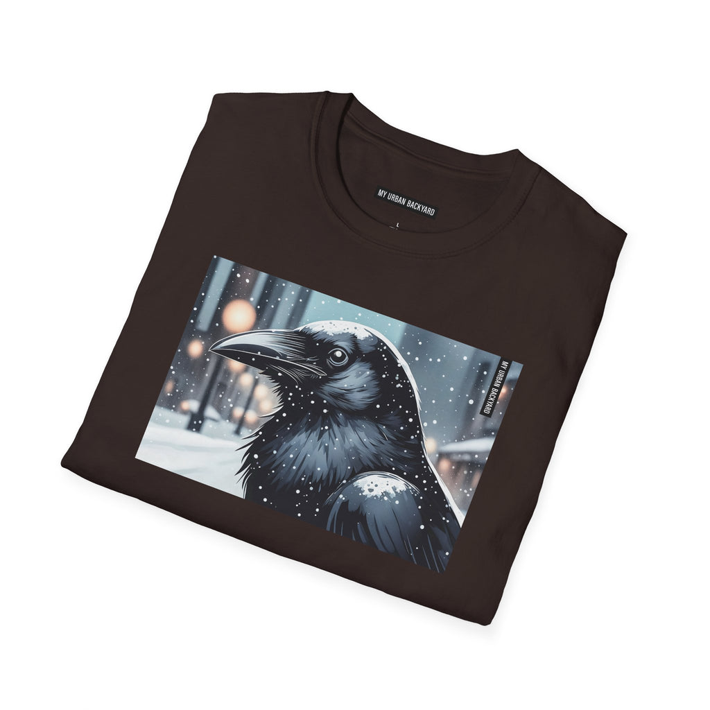 Urban Crow In Falling Snow T-Shirt — Winter Crow Graphic Tee