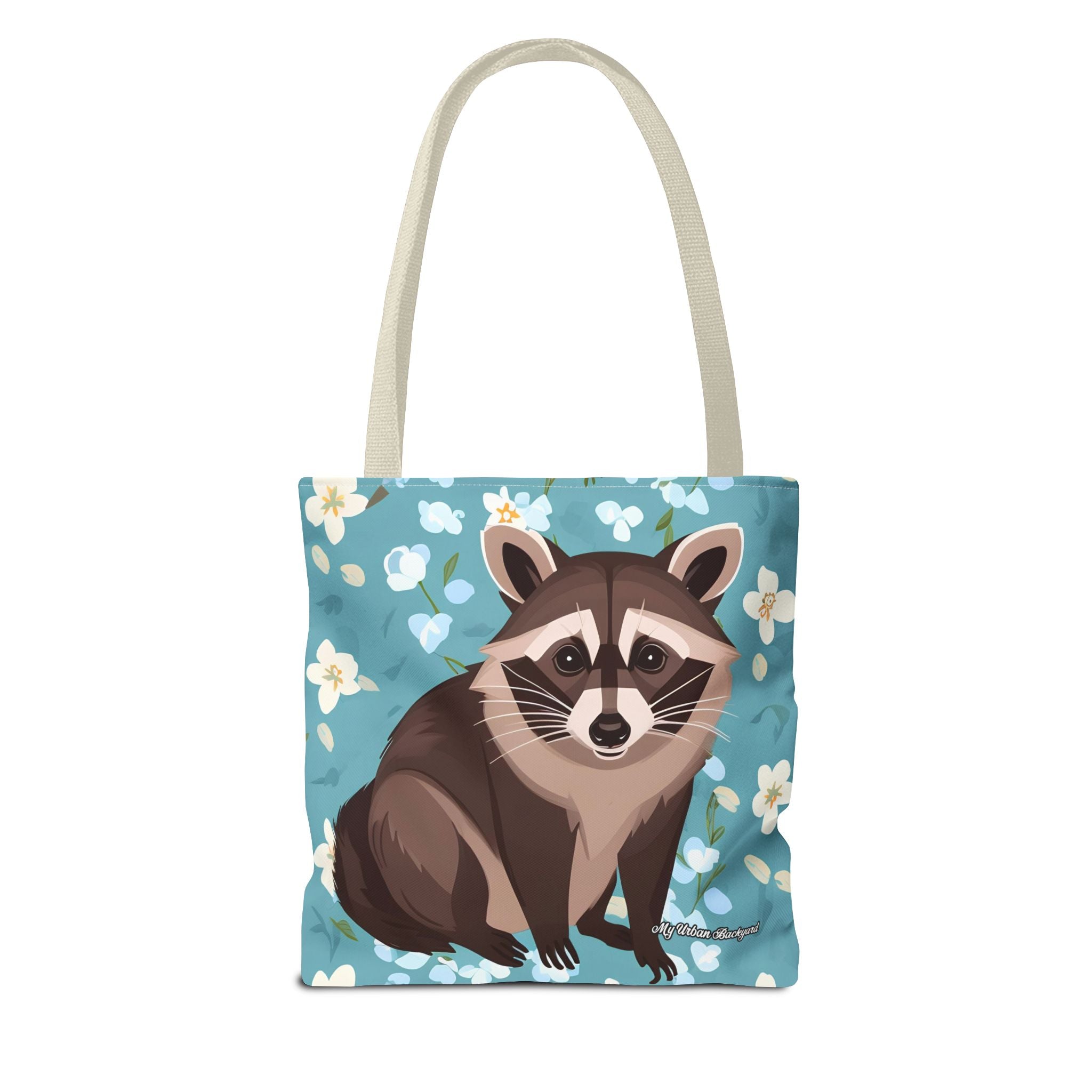 Young Raccoon w Flowers Tote Bag with Cotton Handles For Everyday Use, 3 Sizes