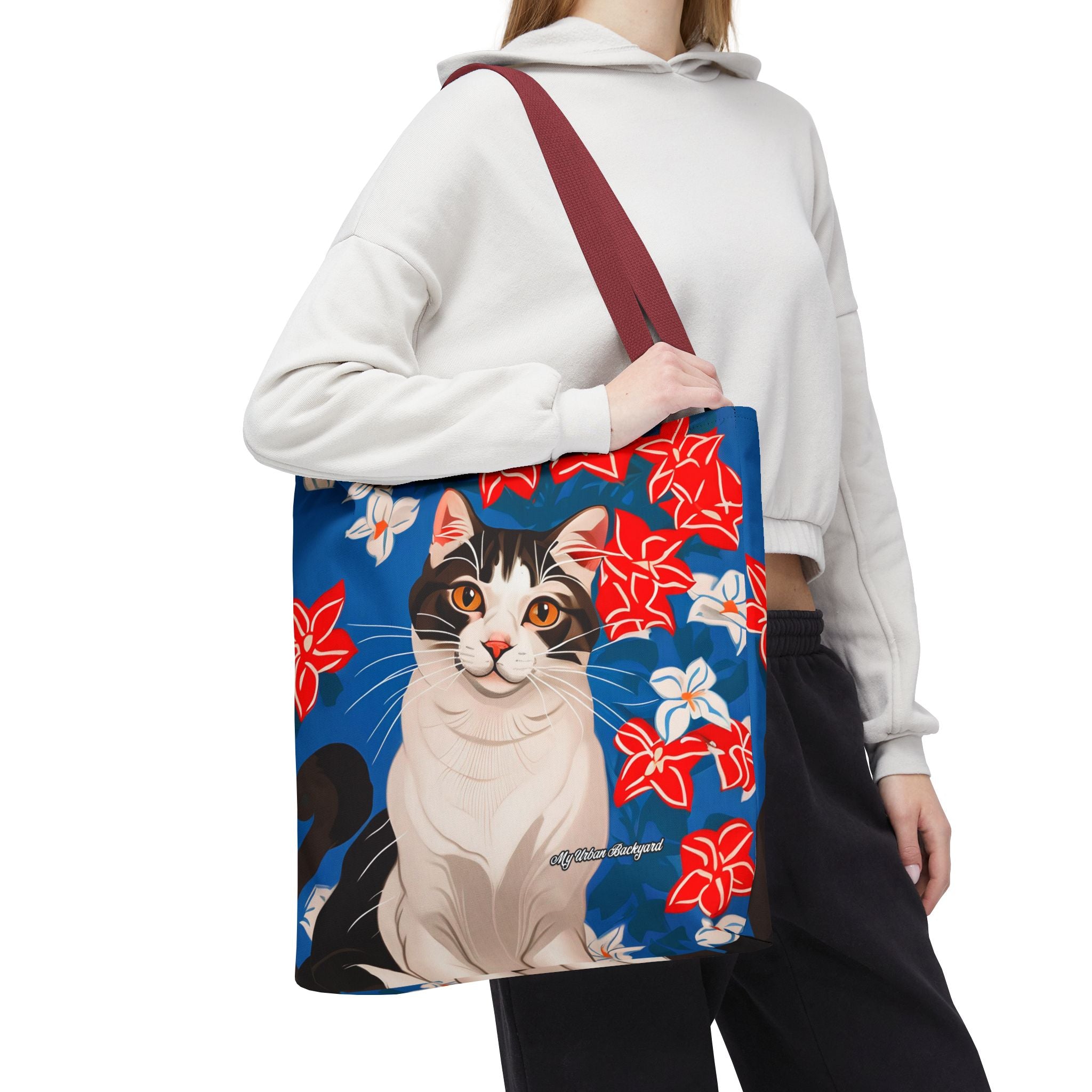 Cat with Red and White Flowers, Tote Bag with Cotton Handles For Everyday Use, 3 Sizes