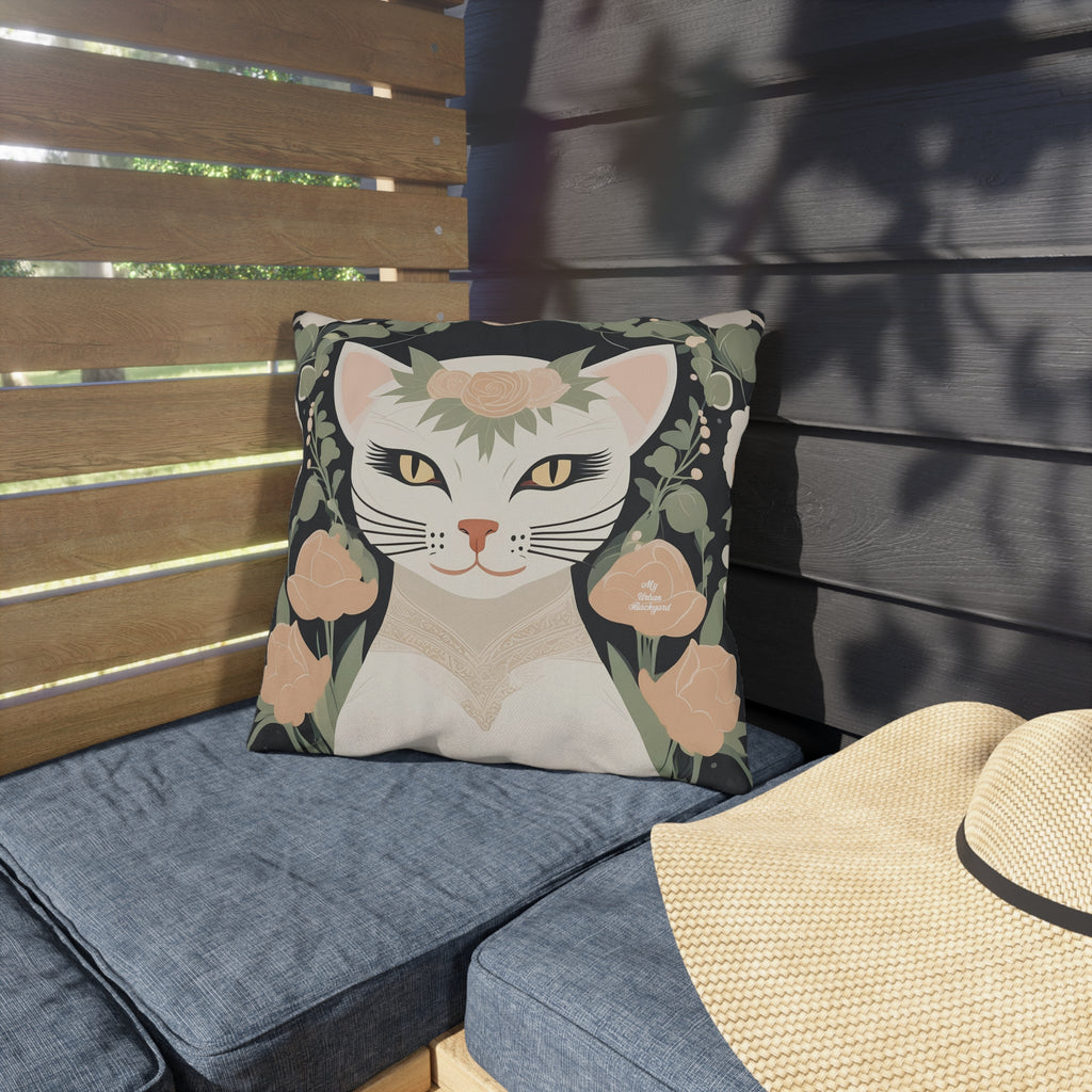 Genevieve Meowcroft, Sage accent color, Cat Throw Pillow, Indoor/Outdoor Decor for Home or Office