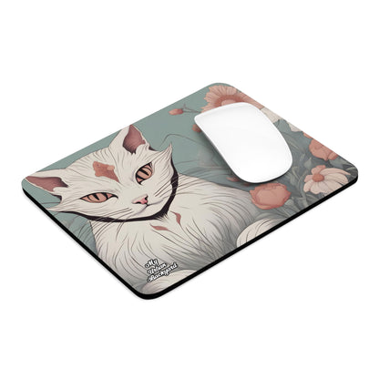 White Cat with Flowers, Computer Mouse Pad - for Home or Office