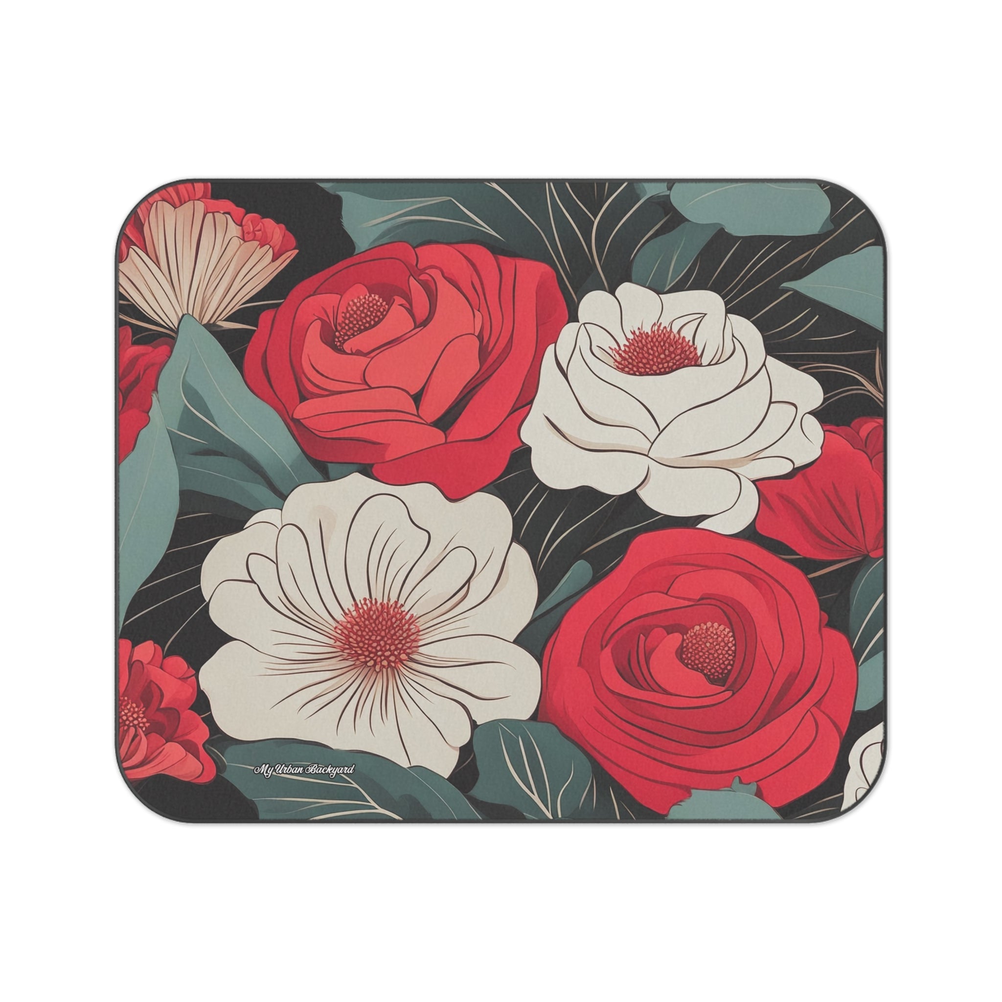 Picnic blanket with Floral design with red, white, and green flowers on a black background
