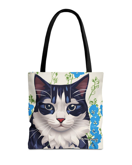 Cat and Blue Flowers Tote Bag with Cotton Handles For Everyday Use, 3 Sizes