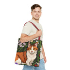 Orange Cat with Flowers Tote Bag with Cotton Handles For Everyday Use, 3 Sizes