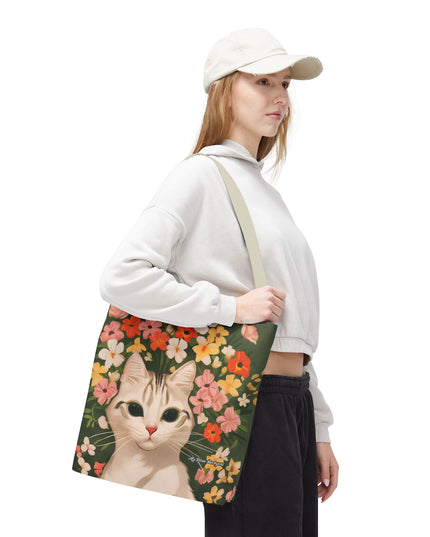 White Cat with Flowers Tote Bag with Cotton Handles For Everyday Use, 3 Sizes