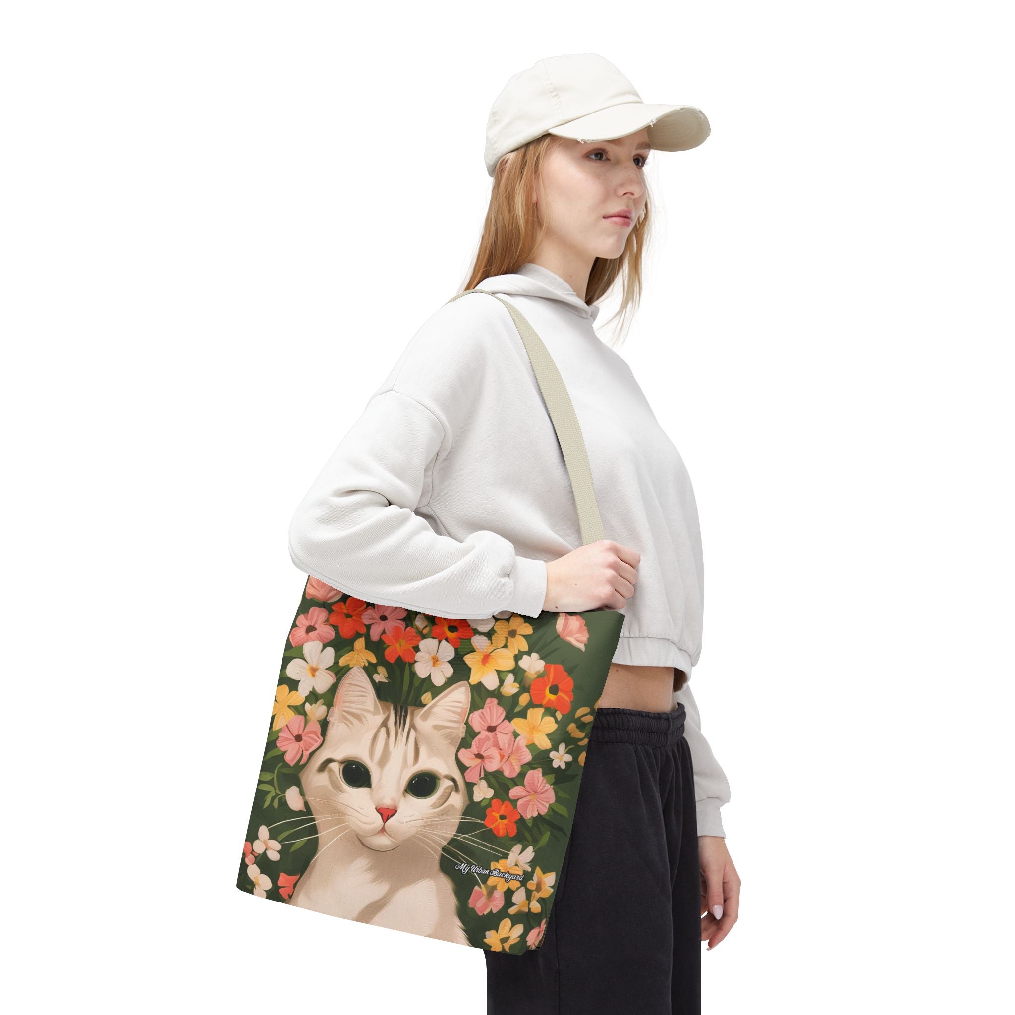 White Cat with Flowers Tote Bag with Cotton Handles For Everyday Use, 3 Sizes
