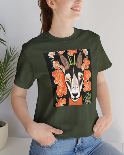 Goat with Orange Flowers, Soft 100% Jersey Cotton T-Shirt, Unisex, Short Sleeve, Retail Fit