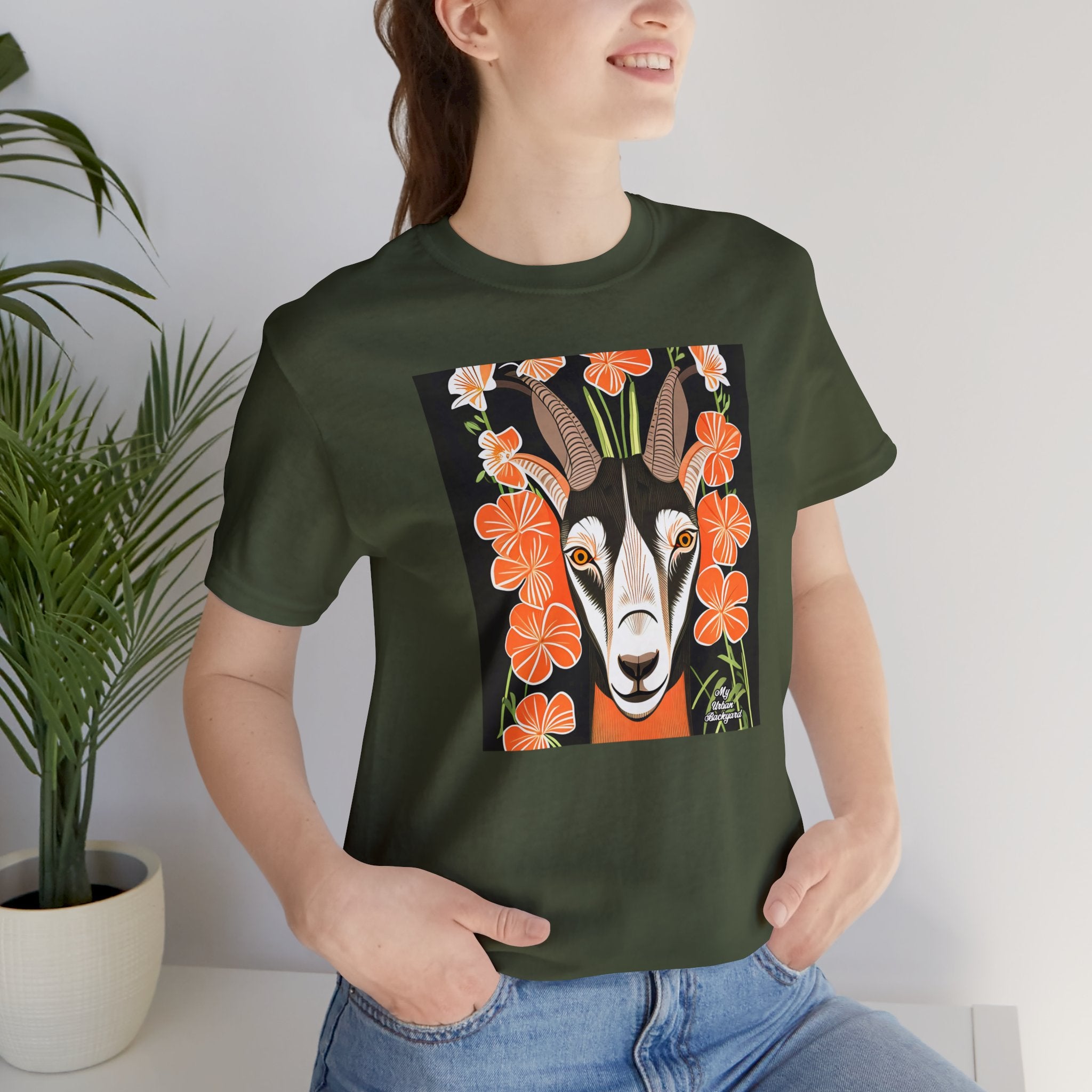 Goat with Orange Flowers, 100% Jersey Cotton T-Shirt