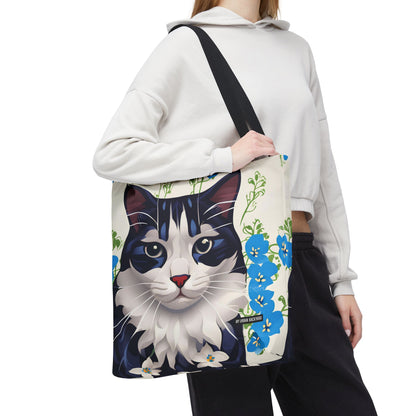 Cat and Blue Flowers Tote Bag