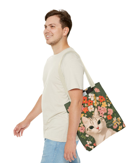 White Cat with Flowers Tote Bag with Cotton Handles For Everyday Use, 3 Sizes