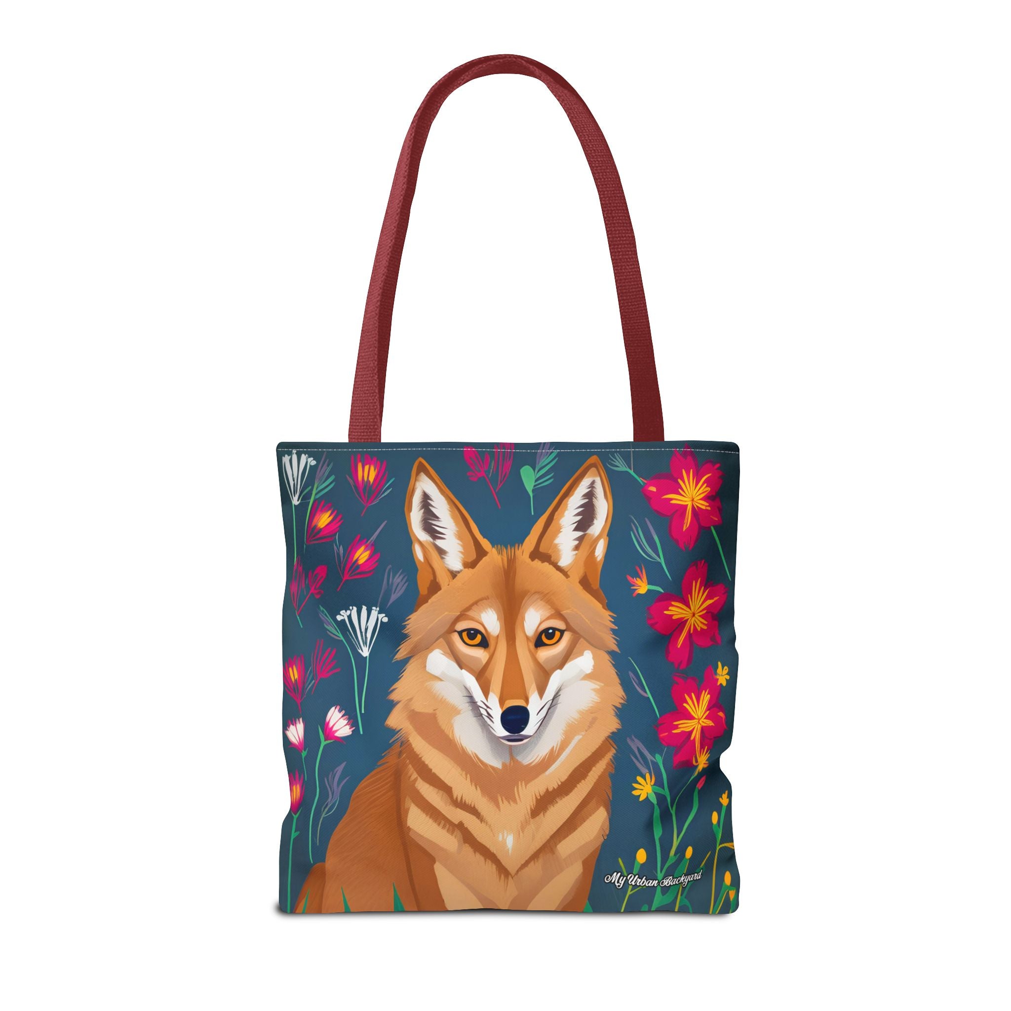 Coyote w Red Flowers Tote Bag with Cotton Handles For Everyday Use, 3 Sizes