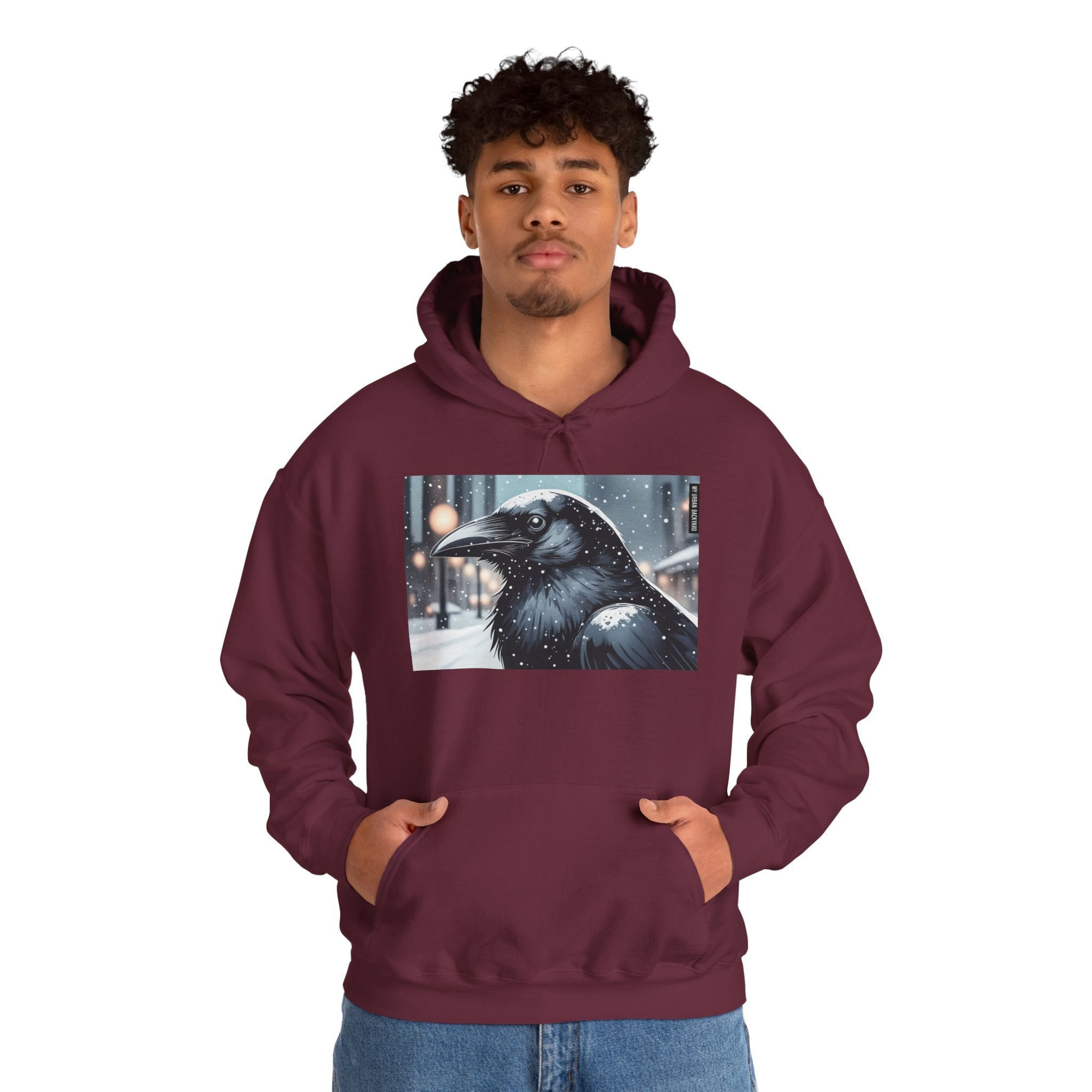 Urban Crow In Falling Snow Hoodie — Comfy Winter Graphic Hoodie