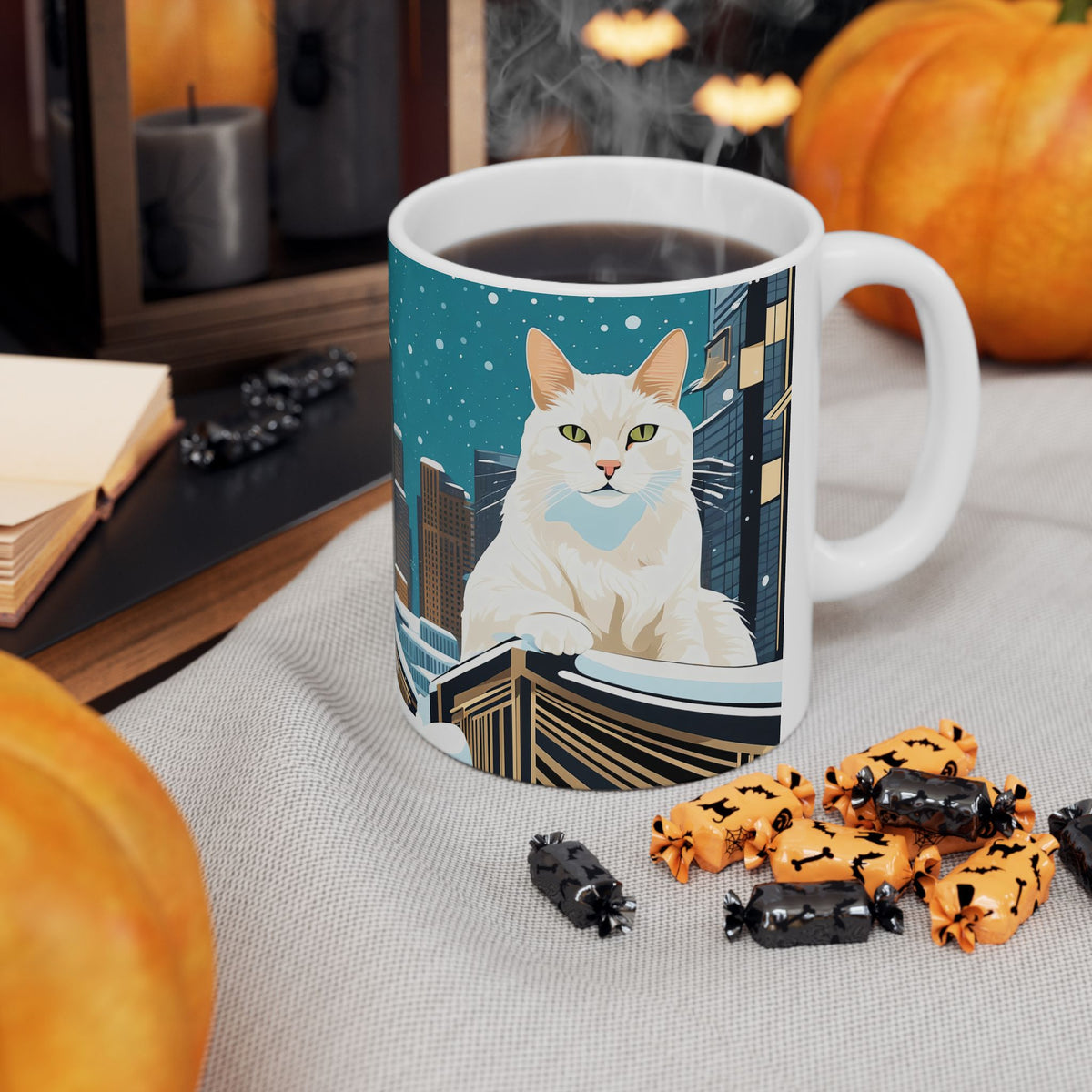 Snowy City Cat Ceramic Mug - 11 oz