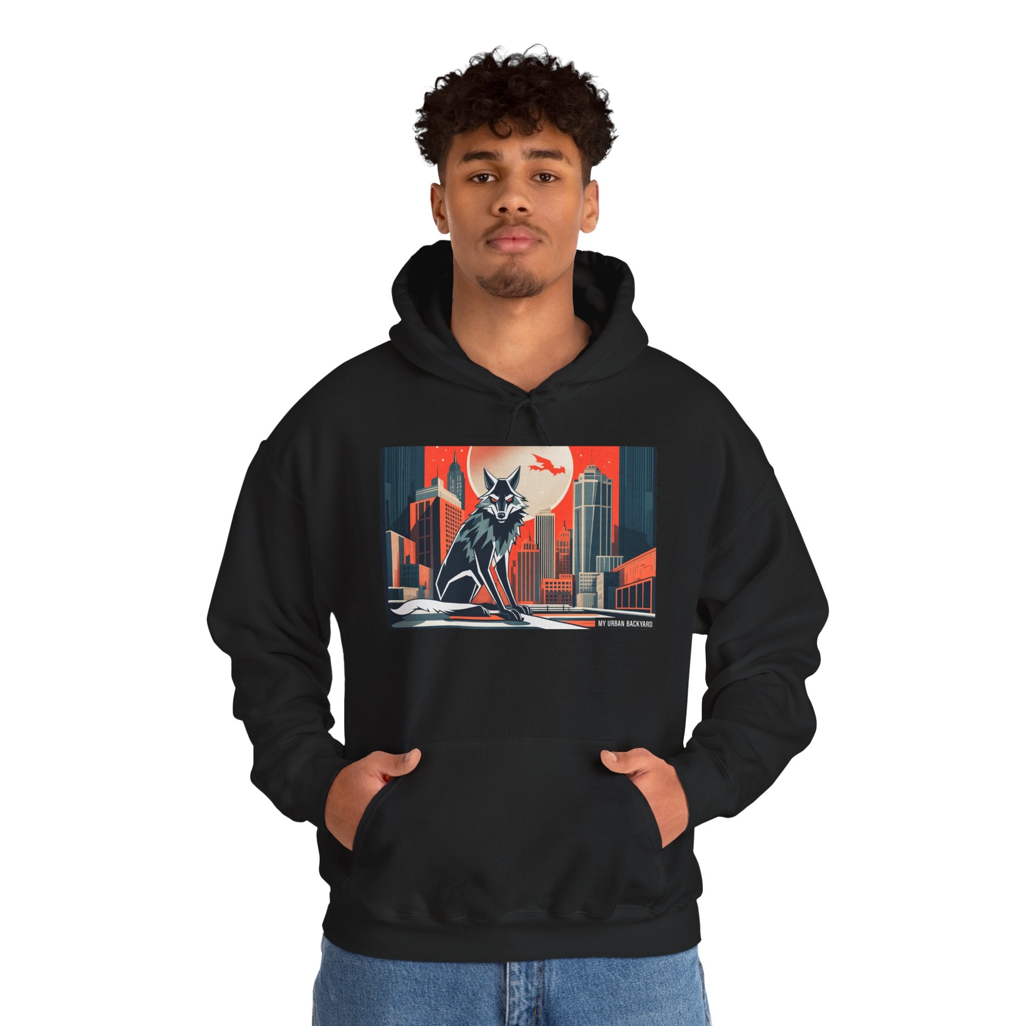 Person wearing a black hoodie with a graphic design of a wolf and cityscape 