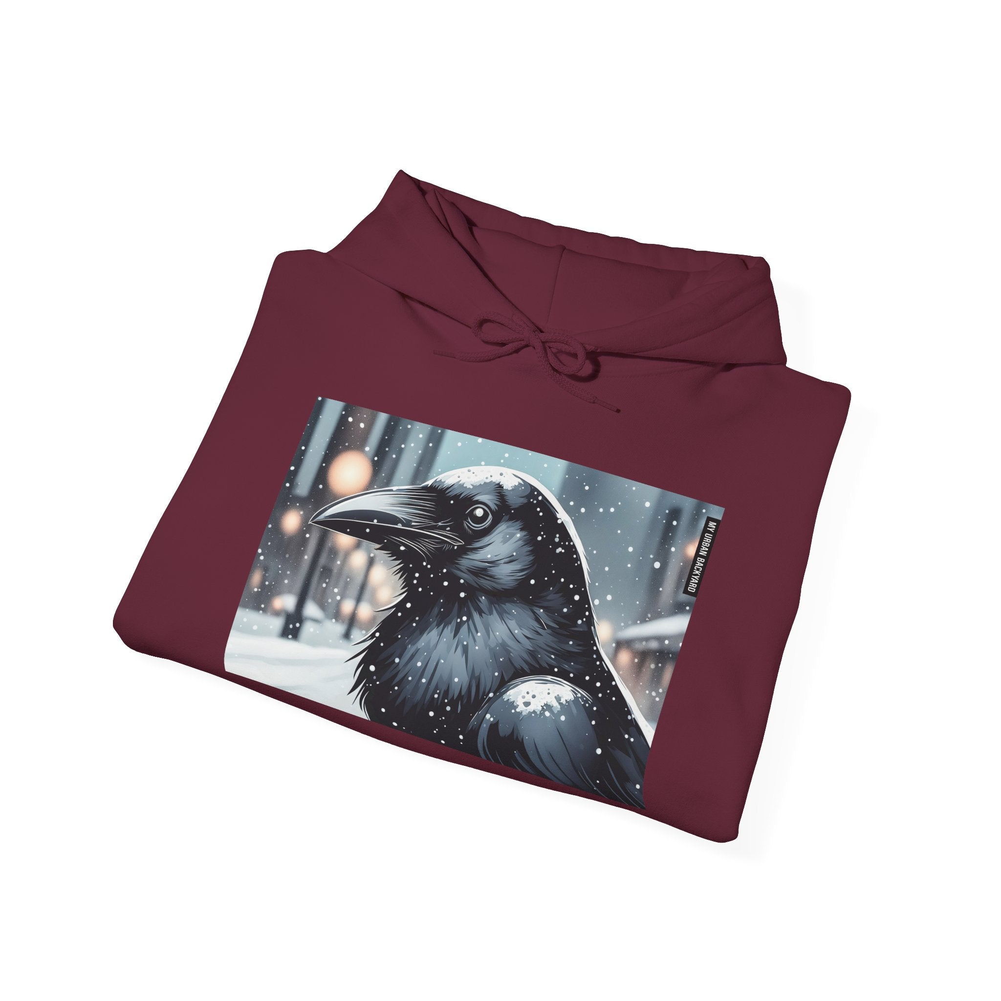 Urban Crow In Falling Snow Hoodie — Comfy Winter Graphic Hoodie