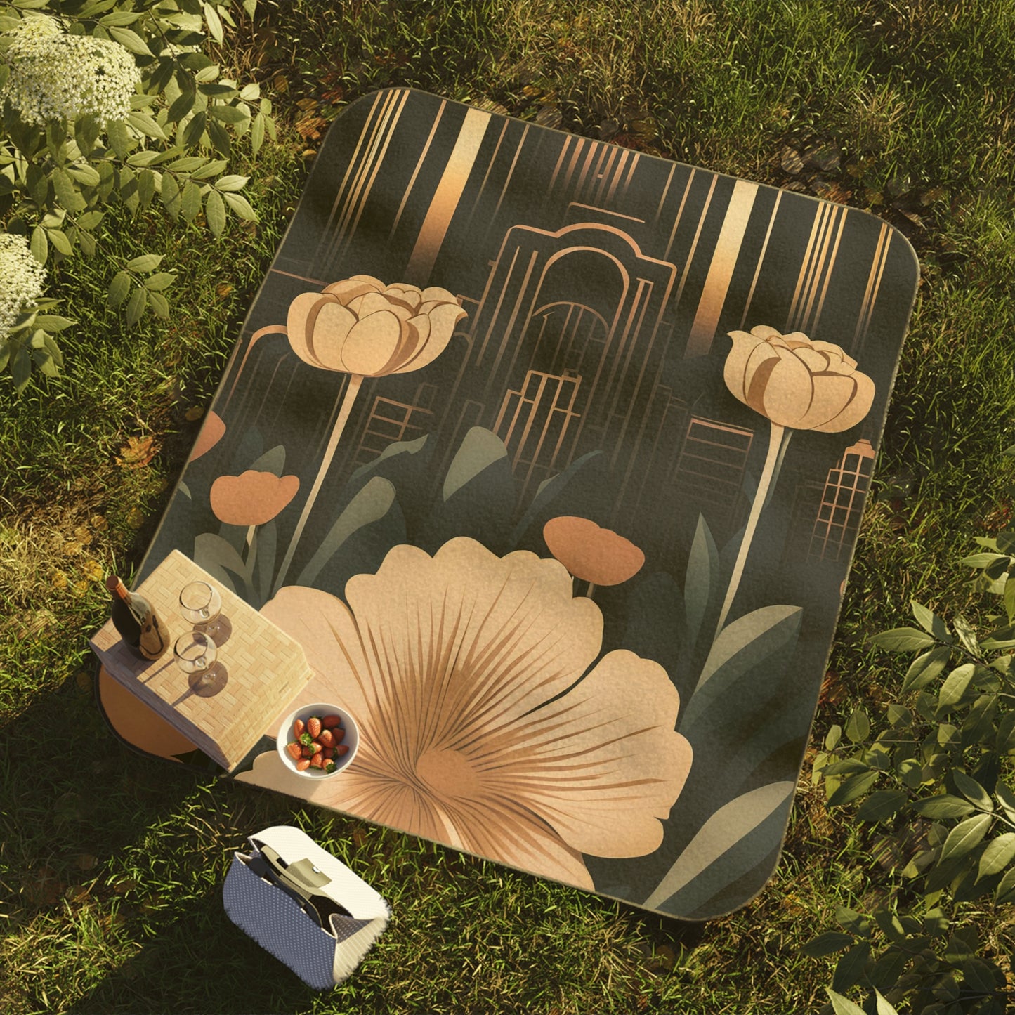 Flowers with Art Deco Building, Outdoor Picnic Blanket with Soft Fleece Top, Water-Resistant Bottom, 51" × 61"