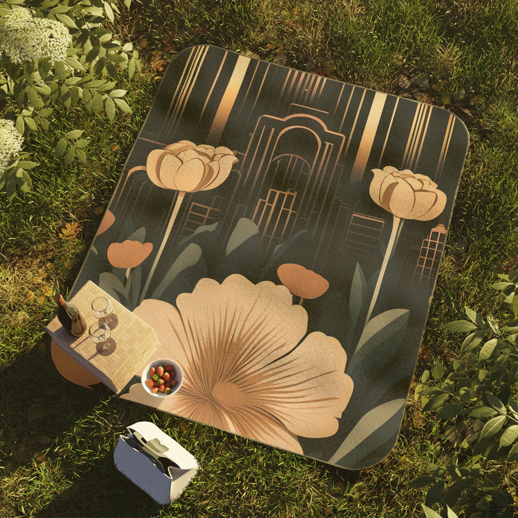 Flowers with Art Deco Building, Outdoor Picnic Blanket with Soft Fleece Top, Water-Resistant Bottom, 51" × 61"