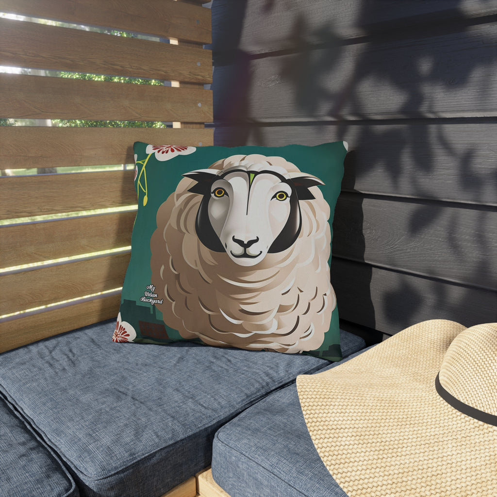 A Sheep with Flowers, Black accent color, Throw Pillow, Indoor/Outdoor Decor for Home or Office