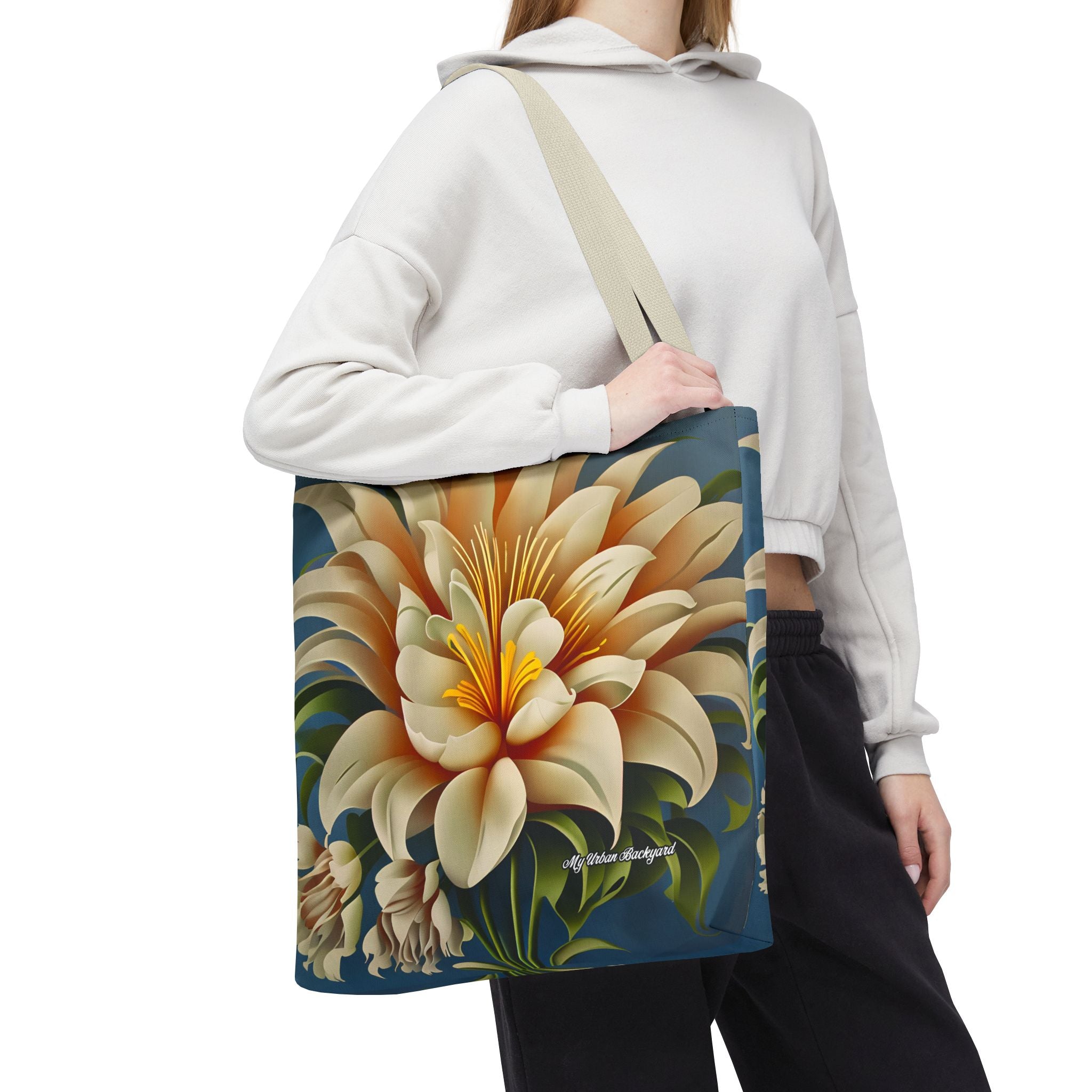 Large White Flower Tote Bag with Cotton Handles For Everyday Use, 3 Sizes