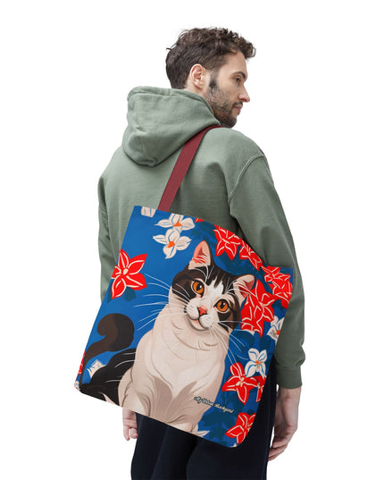 Cat and Red White & Blue Flowers Tote Bag with Cotton Handles For Everyday Use, 3 Sizes