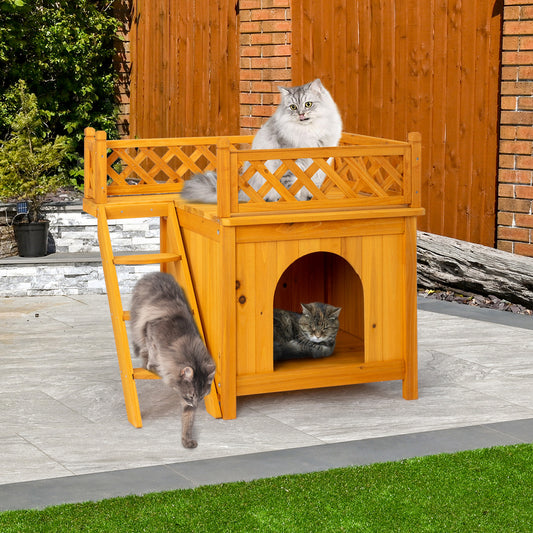 2-Story Outdoor Cat House, Wood Shelter with Fence and Staircase, Natural Color