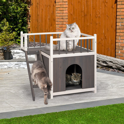 2-Story Outdoor Cat House, Wood Shelter with Fence and Staircase, Grey & White