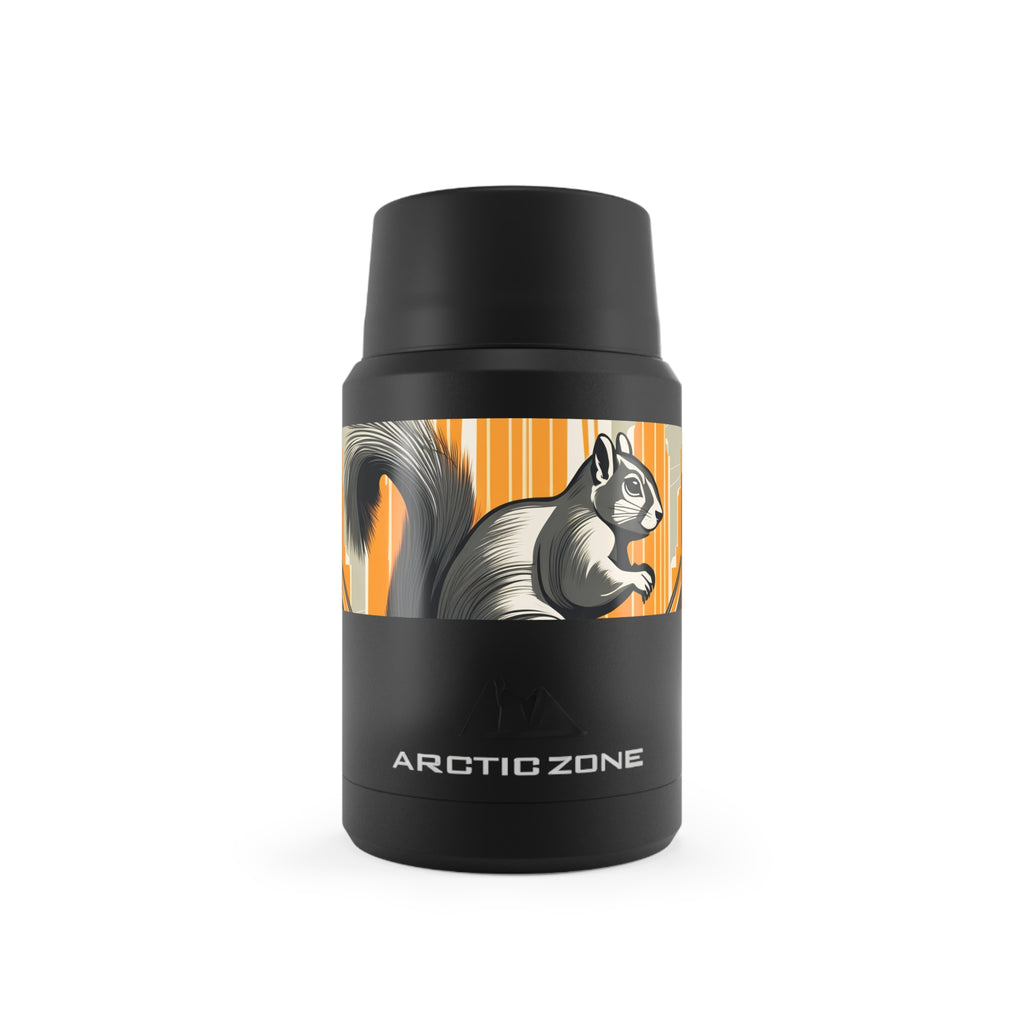 Insulated food storage container with a black body, featuring an orange and white squirrel graphic, and the text 'Arctic Zone'.