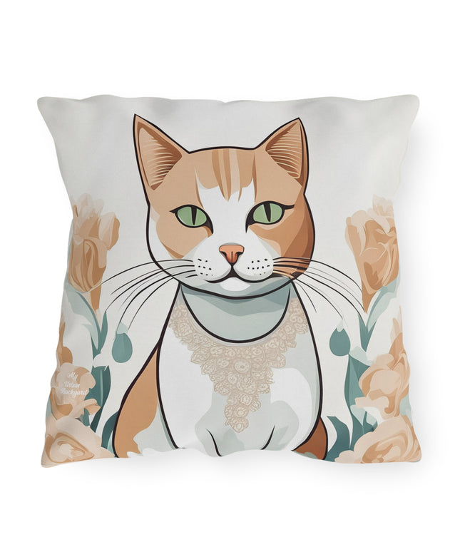 Green-Eyed Tabby Cat, Bay Leaf accent color, Throw Pillow, Indoor/Outdoor Decor for Home or Office