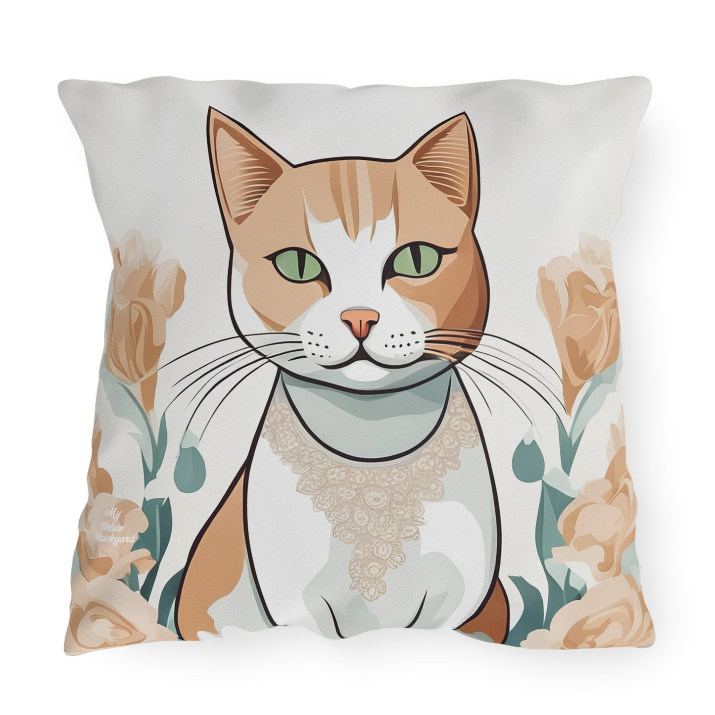 Green-Eyed Tabby Cat, Bay Leaf accent color, Throw Pillow, Indoor/Outdoor Decor for Home or Office