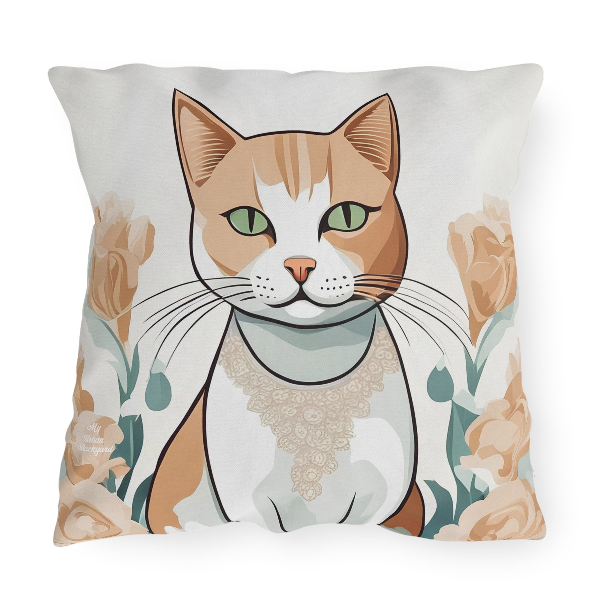 Green-Eyed Tabby Cat, Bay Leaf accent color, Throw Pillow