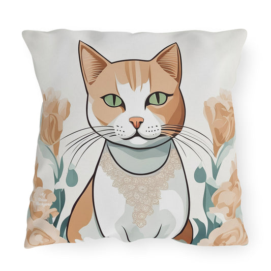 Green-Eyed Tabby Cat, Bay Leaf accent color, Indoor/Outdoor Throw Pillow, Decor for Home or Office