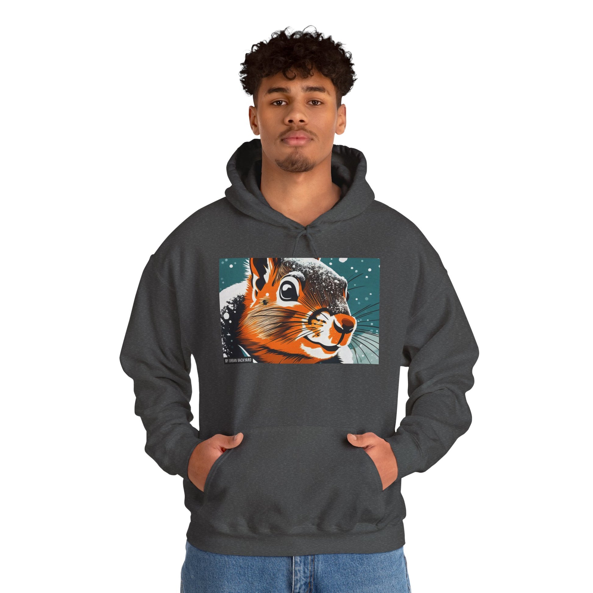 Winter Squirrel Sweatshirt - Unisex Heavy Blend Hooded, Cute Animal Apparel, Winter Fashion, Gift for Nature Lovers, Snowy Days, Cozy Wear