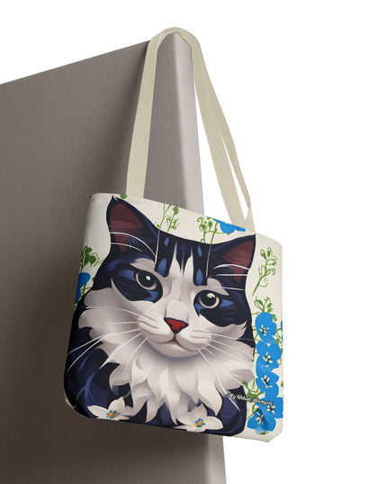 Cat and Blue Flowers Tote Bag with Cotton Handles For Everyday Use, 3 Sizes