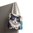 Cat and Blue Flowers Tote Bag with Cotton Handles For Everyday Use, 3 Sizes
