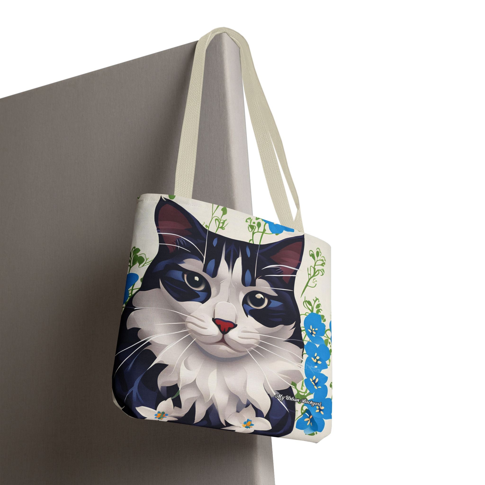 Cat and Blue Flowers Tote Bag with Cotton Handles For Everyday Use, 3 Sizes