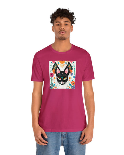 Black Cat w Green Eyes & Flowers, Soft 100% Jersey Cotton T-Shirt, Unisex, Short Sleeve, Retail Fit