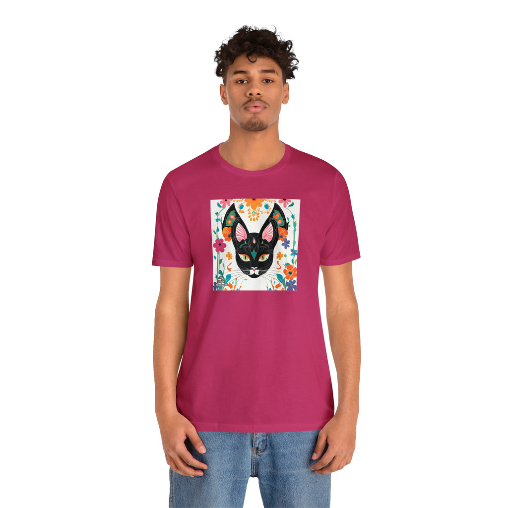 Black Cat w Green Eyes & Flowers, Soft 100% Jersey Cotton T-Shirt, Unisex, Short Sleeve, Retail Fit