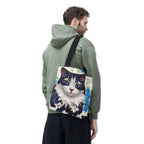 Cat and Blue Flowers, Tote Bag with Cotton Handles