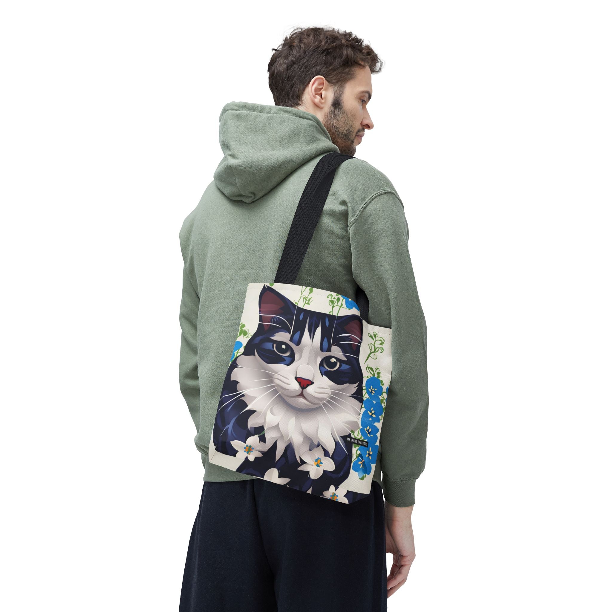 Cat and Blue Flowers, Tote Bag with Cotton Handles