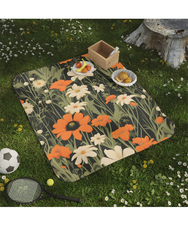 Orange and White Flowers, Outdoor Picnic Blanket with Soft Fleece Top, Water-Resistant Bottom, 51" × 61"