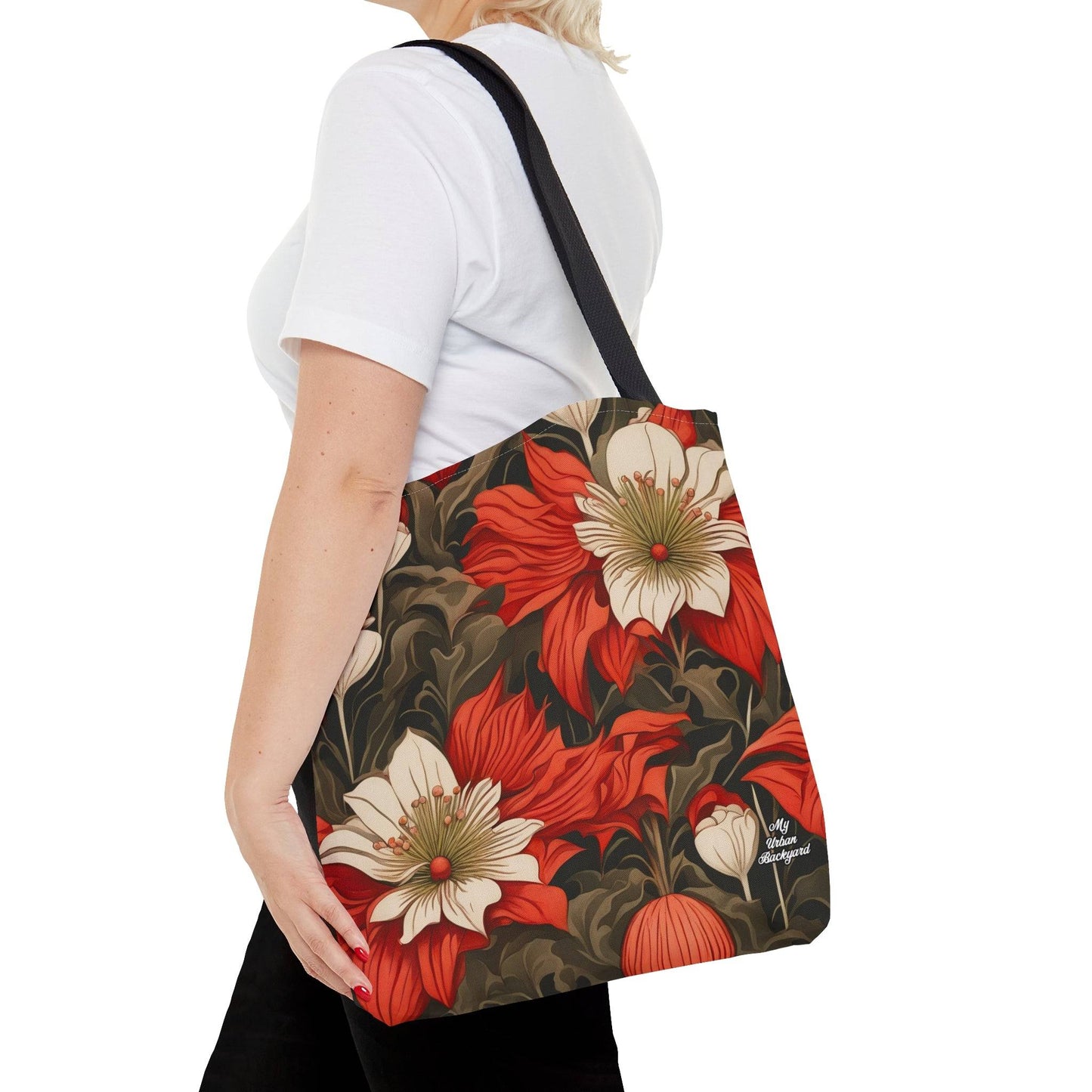 Everyday Tote Bag w Cotton Handles, Reusable Shoulder Bag, Holiday Flowers