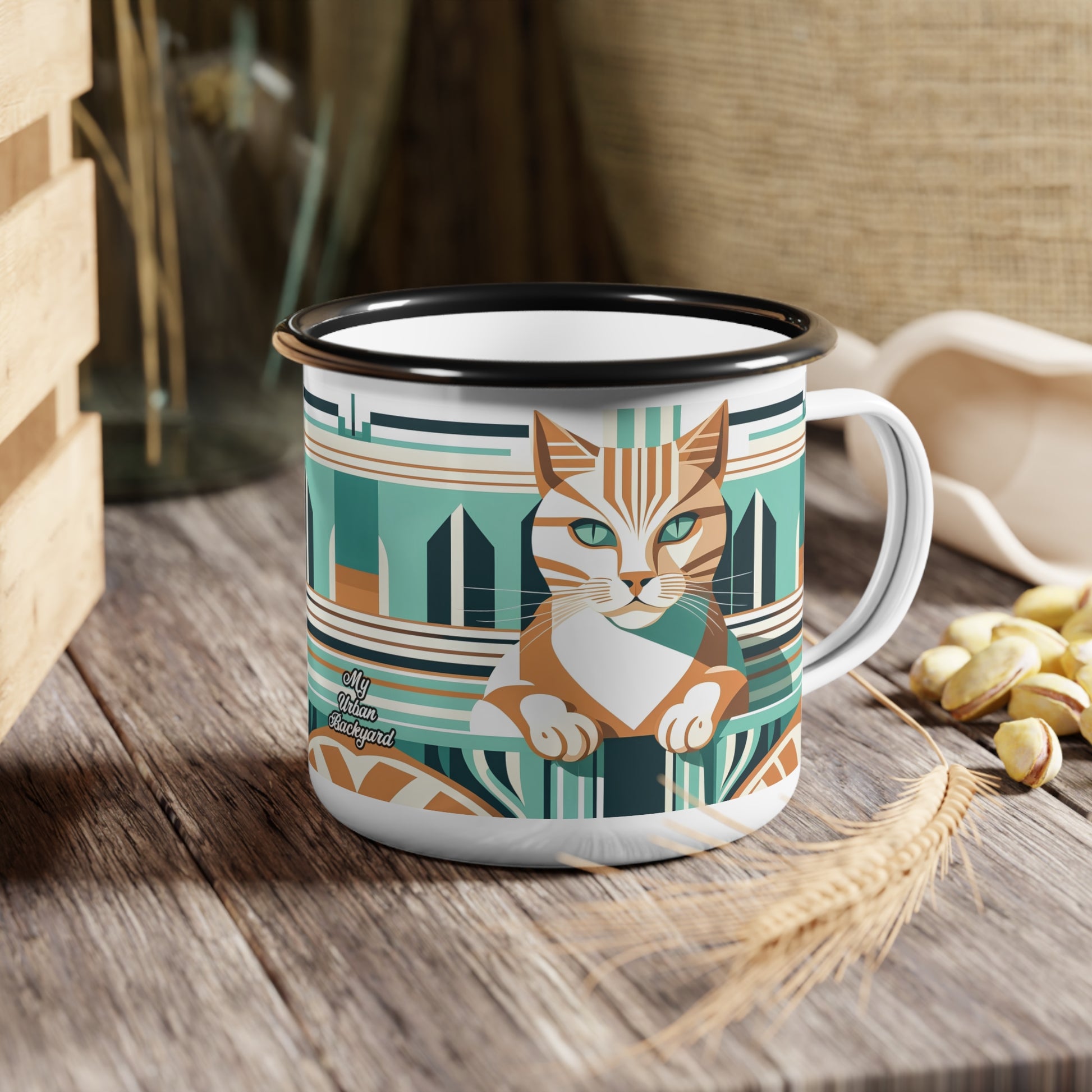 Art Deco Tabby Cat, Enamel Camping Mug for Coffee, Tea, Cocoa, or Cereal - 12oz