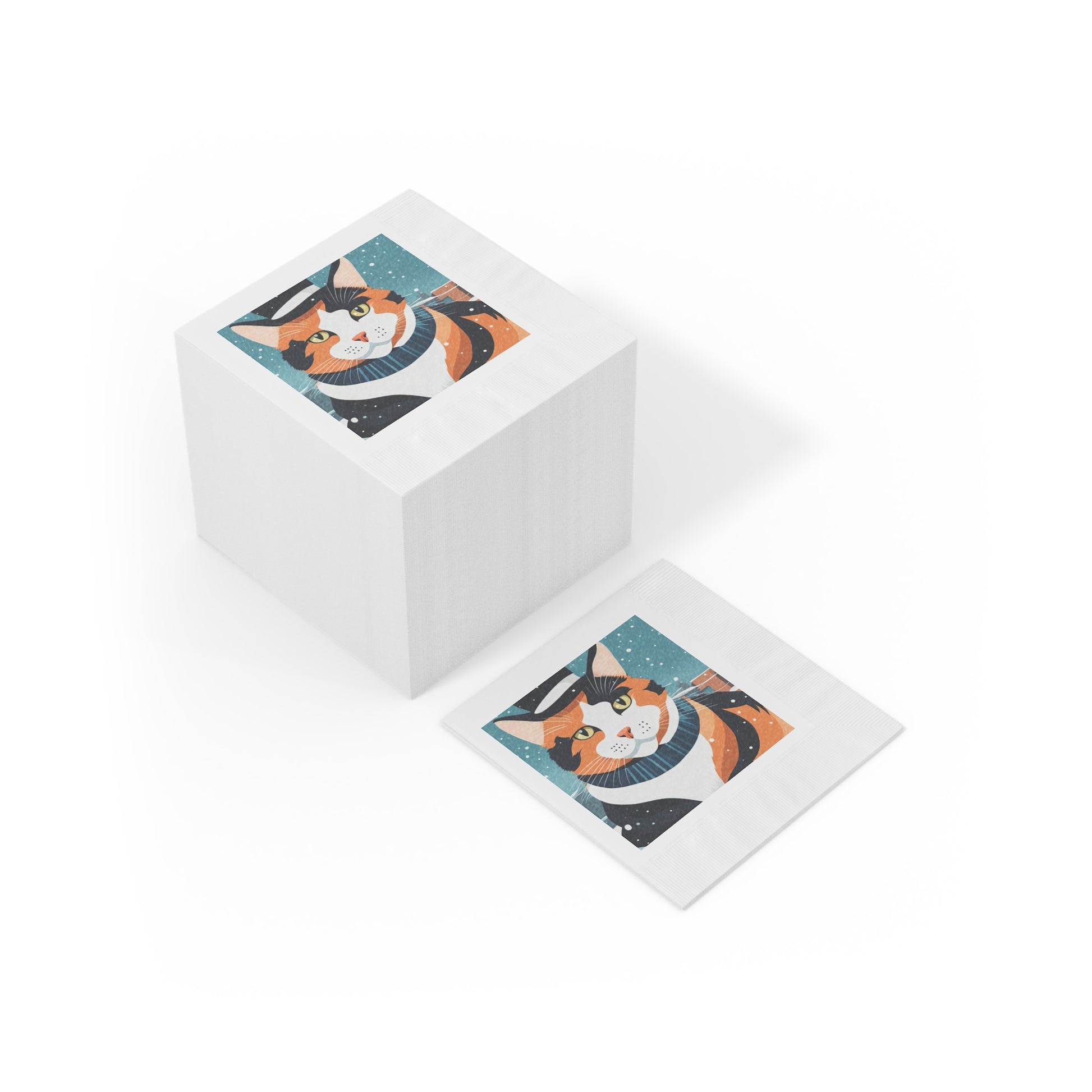 Winter Calico Cat Cocktail Napkins — Festive Cat Napkins for Holiday Parties, 2 sizes, Pack of 50 or 100